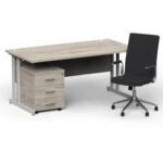 Impulse 1600/800 Silver Cant Desk Grey Oak + 3 Dr Mobile Ped & Ezra Black