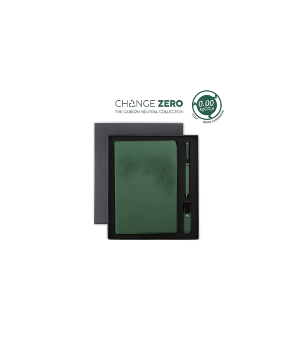 LENZEN - CHANGE ZERO Sustainable Gift Set with Refillable Notebook, Pen & USB Keychain - Green